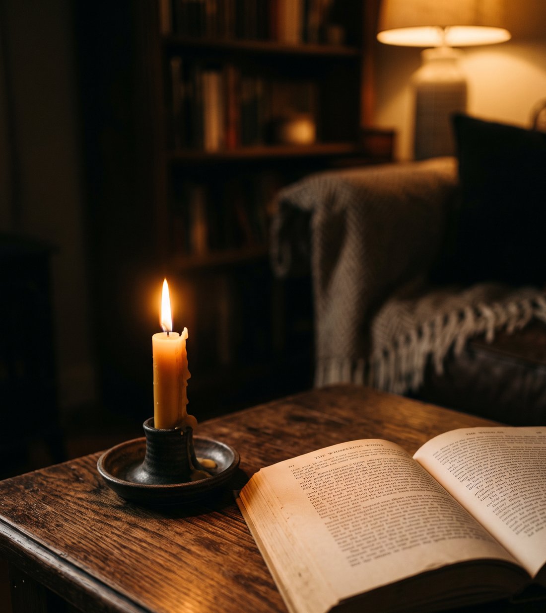 Kerzen und Buch auf einem Couchtisch
